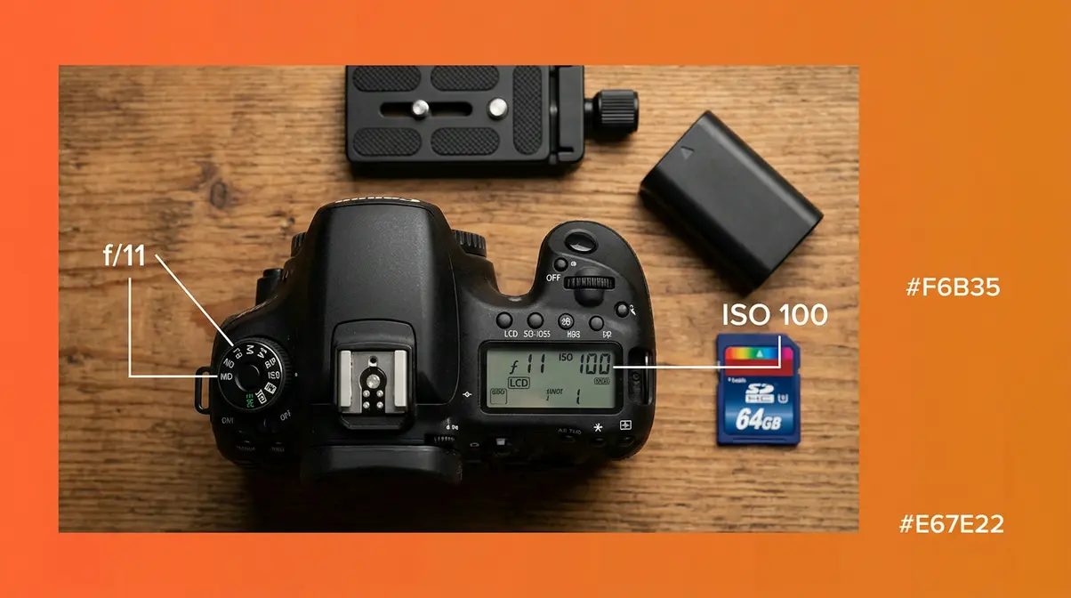 DSLR camera showing f/11 aperture and ISO 100 settings for landscape photography with tripod and memory card