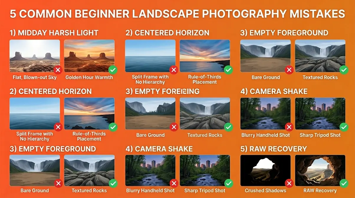 Five common beginner landscape photography mistakes shown as before and after comparison thumbnails with fixes