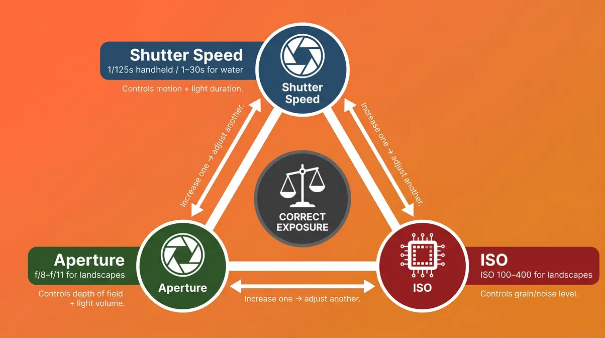 Exposure triangle diagram showing aperture, ISO, and shutter speed with landscape photography recommended values at each corner