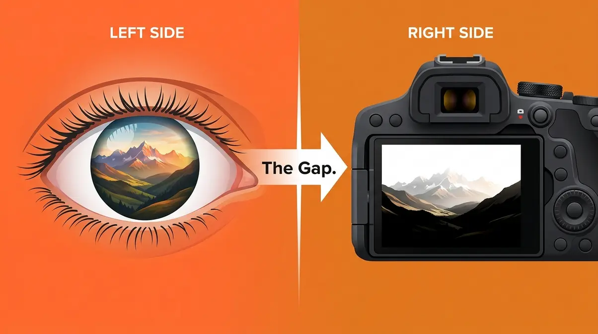 Illustration showing the landscape photo scene-to-shot gap between what the human eye sees and what the camera captures