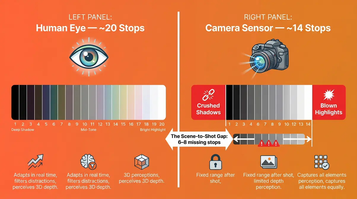 Infographic comparing human eye 20-stop dynamic range versus camera sensor 14-stop range showing the scene-to-shot gap