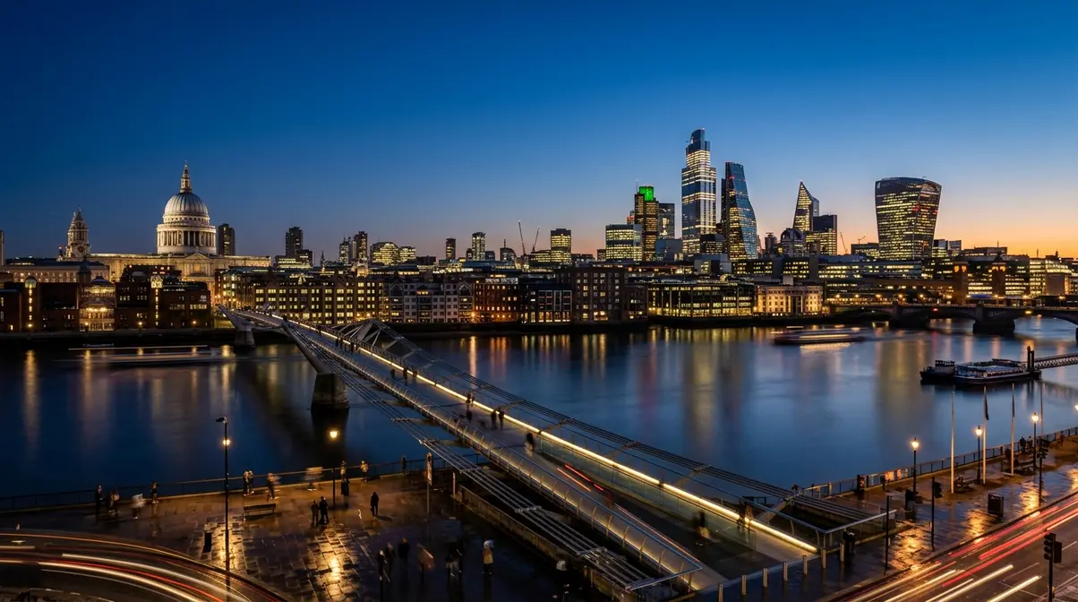 Urban landscape blue hour cityscape with illuminated skyline reflected in river using leading lines composition