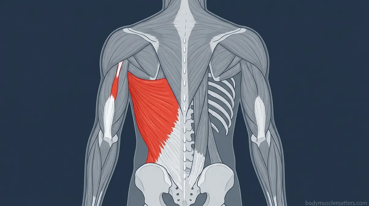 Latissimus dorsi anatomy showing the widest back muscle and its coverage of the lower posterior thorax