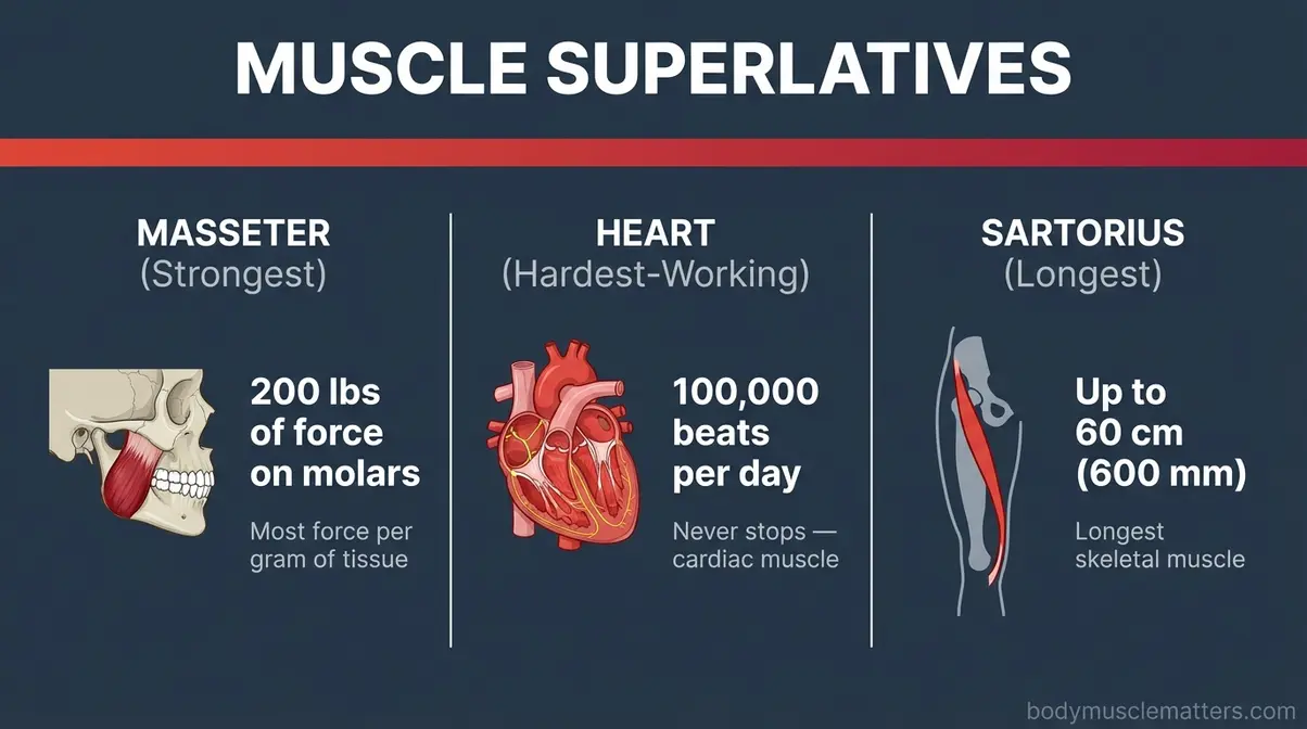 Muscle superlatives comparison chart showing strongest, hardest-working, and longest muscles in the human body