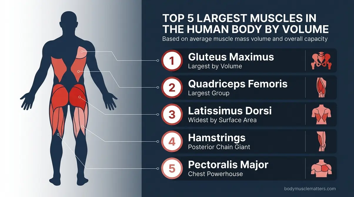 Infographic ranking the 5 largest muscles in the human body by volume including gluteus maximus, quadriceps, latissimus dorsi, hamstrings, and pectoralis major