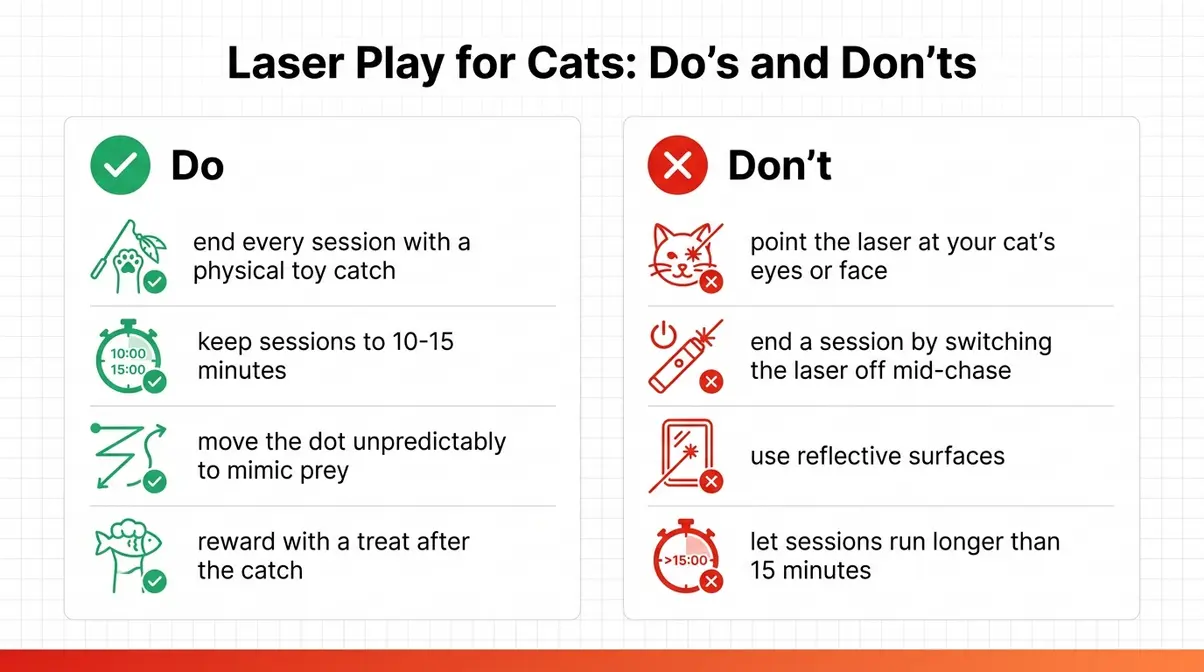 Infographic showing safe laser pointer dos and donts for cats including eye safety and play session tips