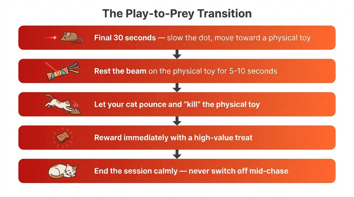 Flowchart showing 5-step play-to-prey transition method for ending cat laser pointer sessions safely