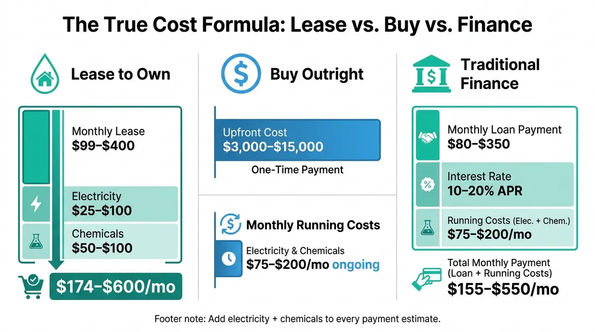 Infographic comparing lease-to-own hot tub monthly costs against outright purchase and traditional financing options