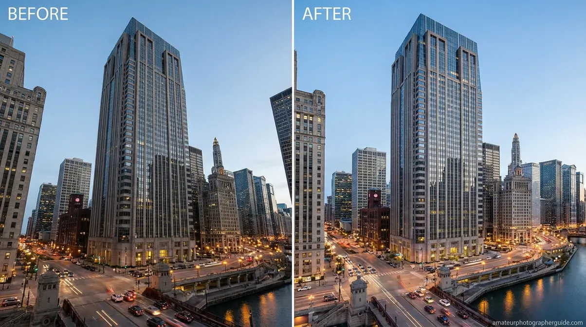 Converging verticals correction in architecture lens distortion photography before and after