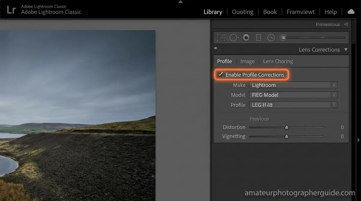 Lightroom lens distortion photography correction panel showing Enable Profile Corrections checkbox