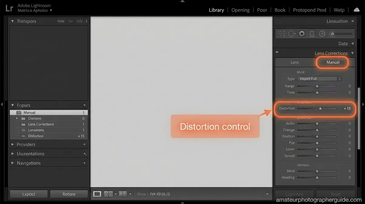 Lightroom manual distortion slider for correcting lens distortion in photography