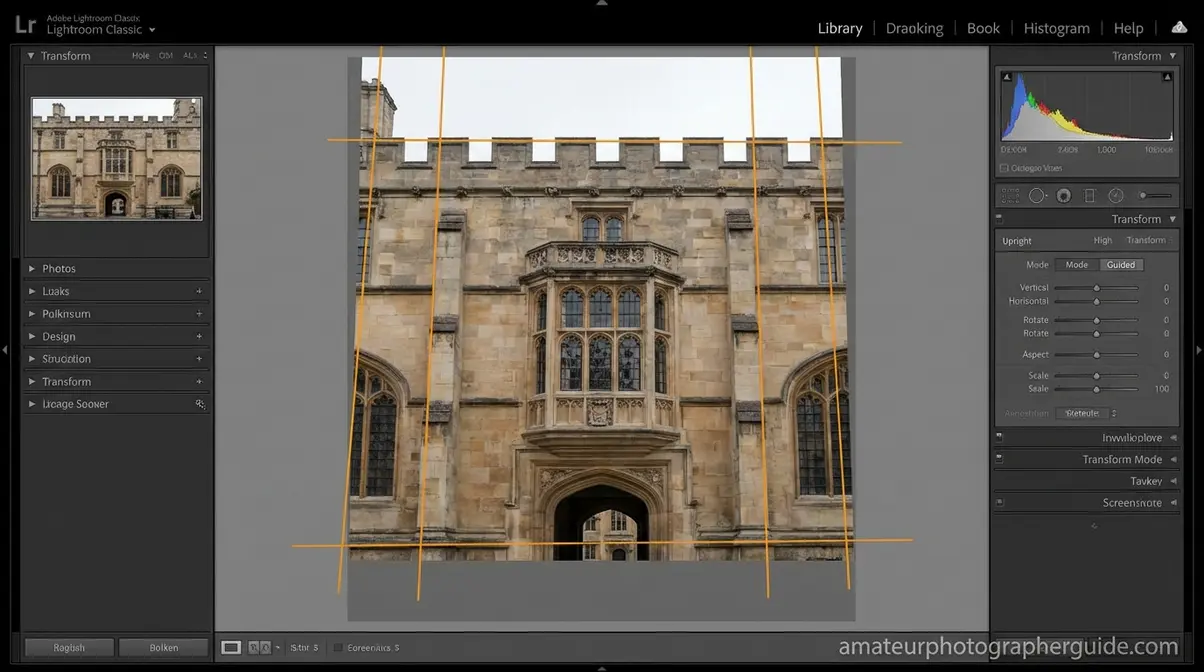 Lightroom Transform panel Guided Upright for perspective correction in architecture photography