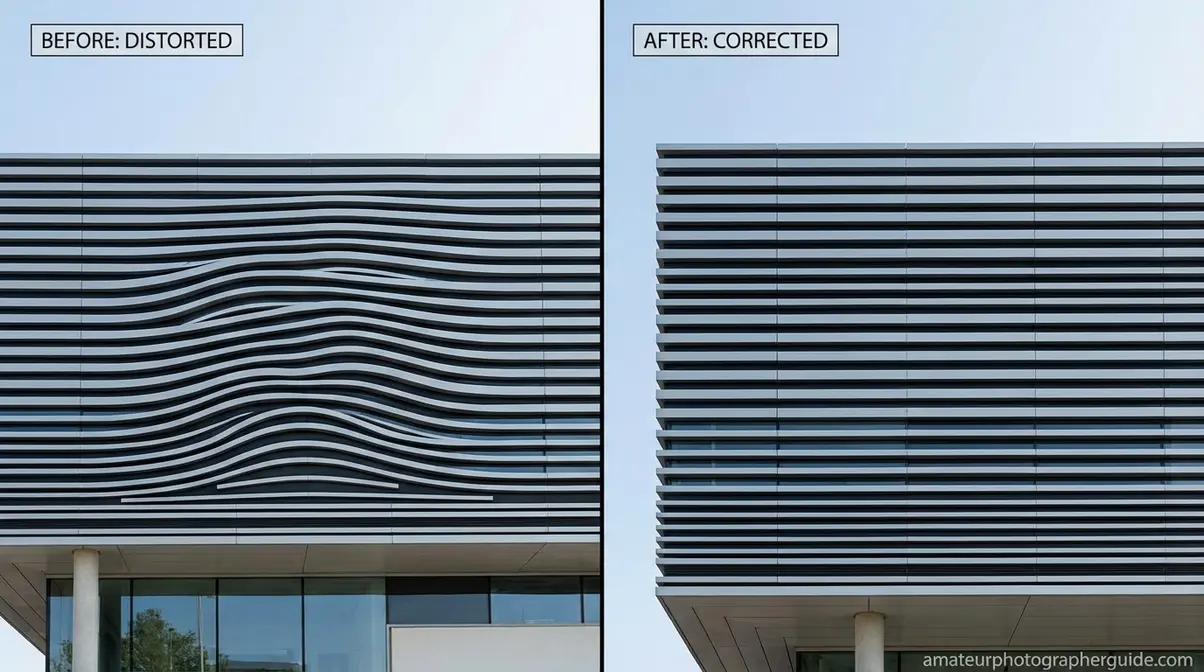 Mustache distortion before and after correction in lens distortion photography