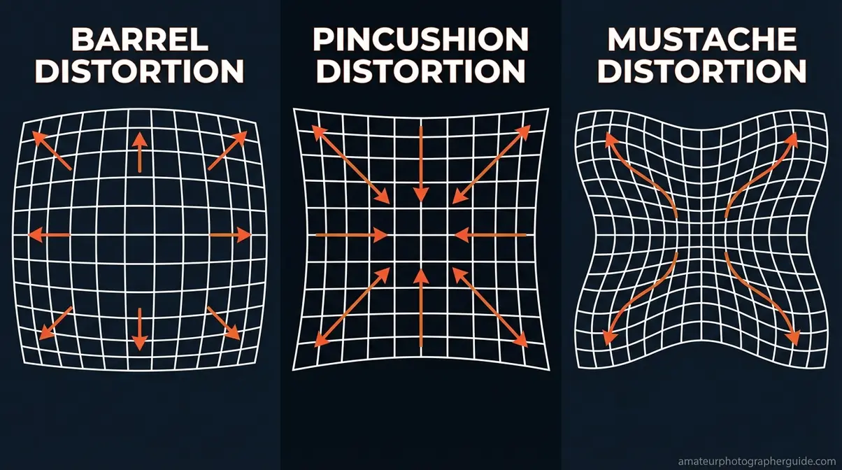 Three types of lens distortion photography — barrel, pincushion, and mustache distortion shown with grid overlays