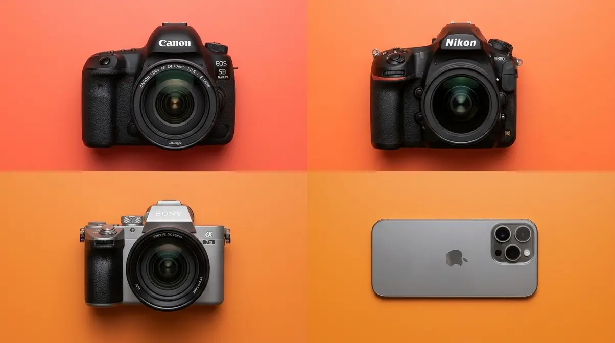 Canon Nikon Sony DSLR cameras and smartphone arranged together showing brand-specific camera options for low light settings
