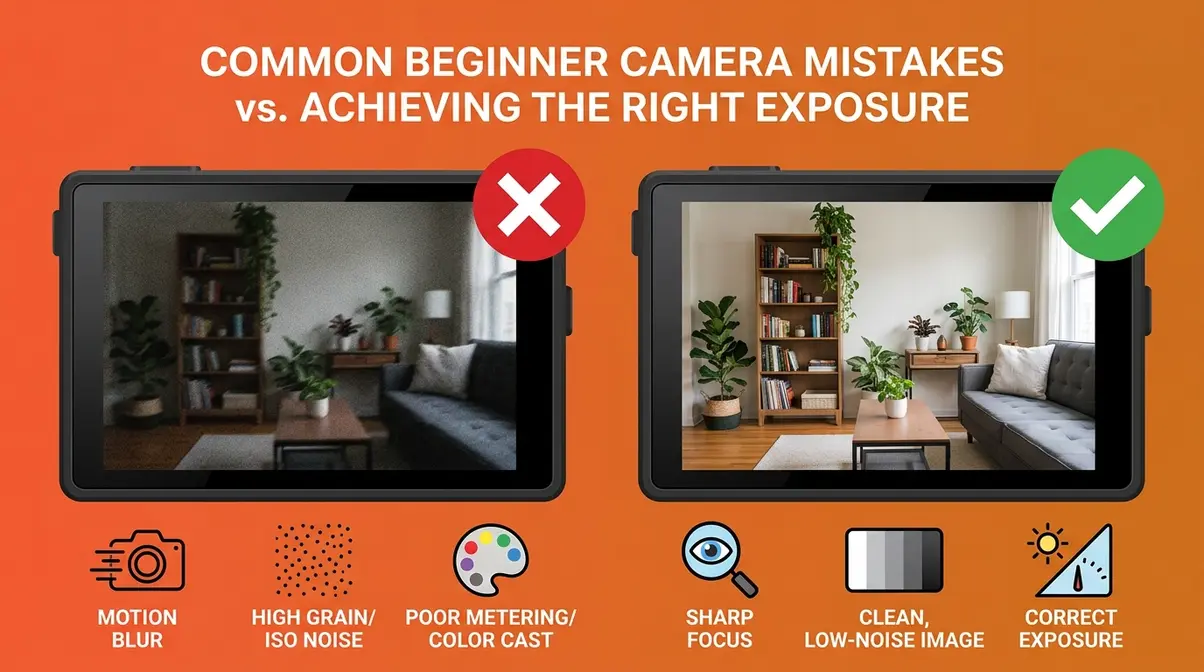 Side-by-side comparison showing common photography mistakes blurry underexposed photo versus correctly exposed sharp image