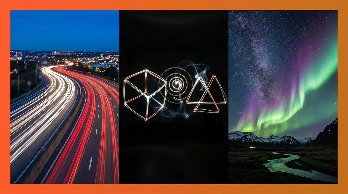 Creative long exposure photography showing car light trails light painting and Northern Lights aurora techniques