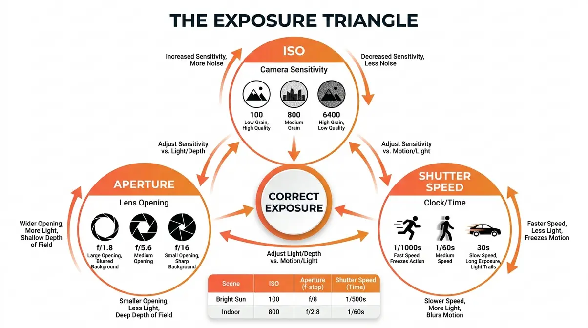 Exposure triangle infographic showing ISO aperture and shutter speed relationships for light photography settings