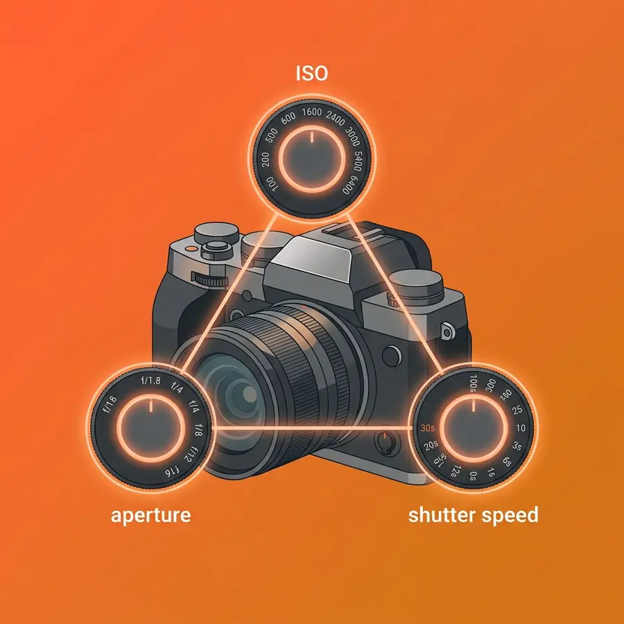 Camera with three exposure triangle dials showing ISO aperture and shutter speed controls for photography settings