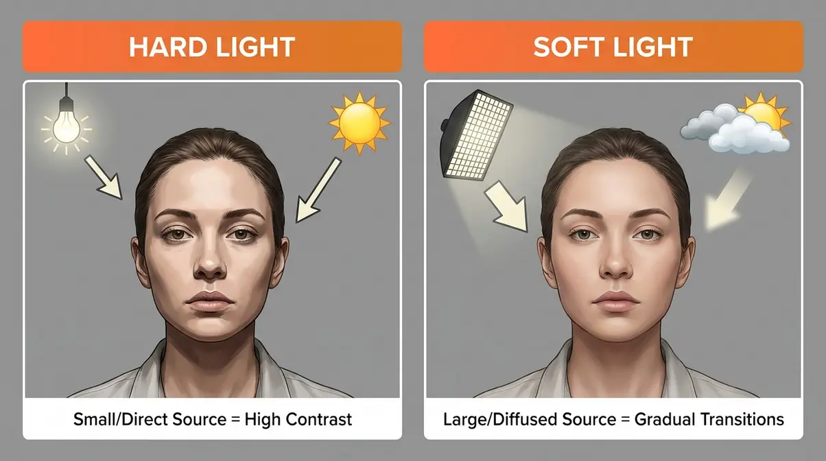 Side-by-side diagram comparing hard light sharp shadows versus soft light gradual transitions on portrait subject