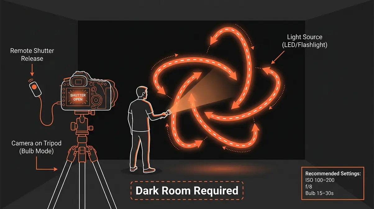 Diagram showing camera on tripod in dark room for light painting photography with light source movement path indicated