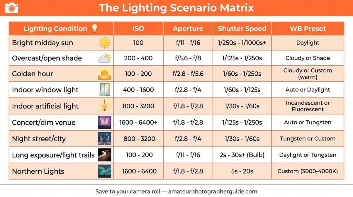 Photography settings cheat sheet showing light photography settings for nine lighting conditions with ISO aperture and shutter speed