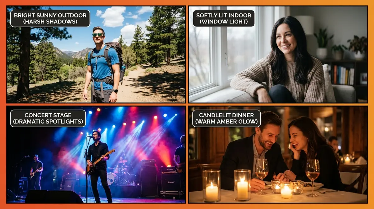 Four real-world photography lighting scenarios showing bright sun indoor window concert stage and candlelight conditions