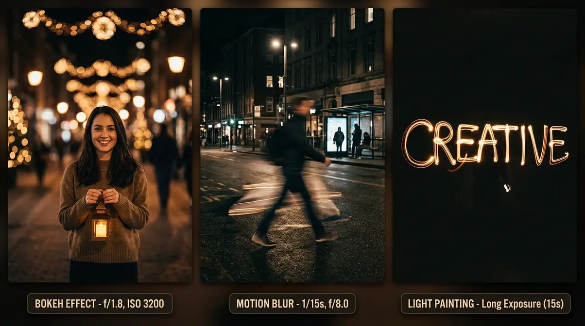 Creative low light photography techniques showing bokeh motion blur and light painting examples