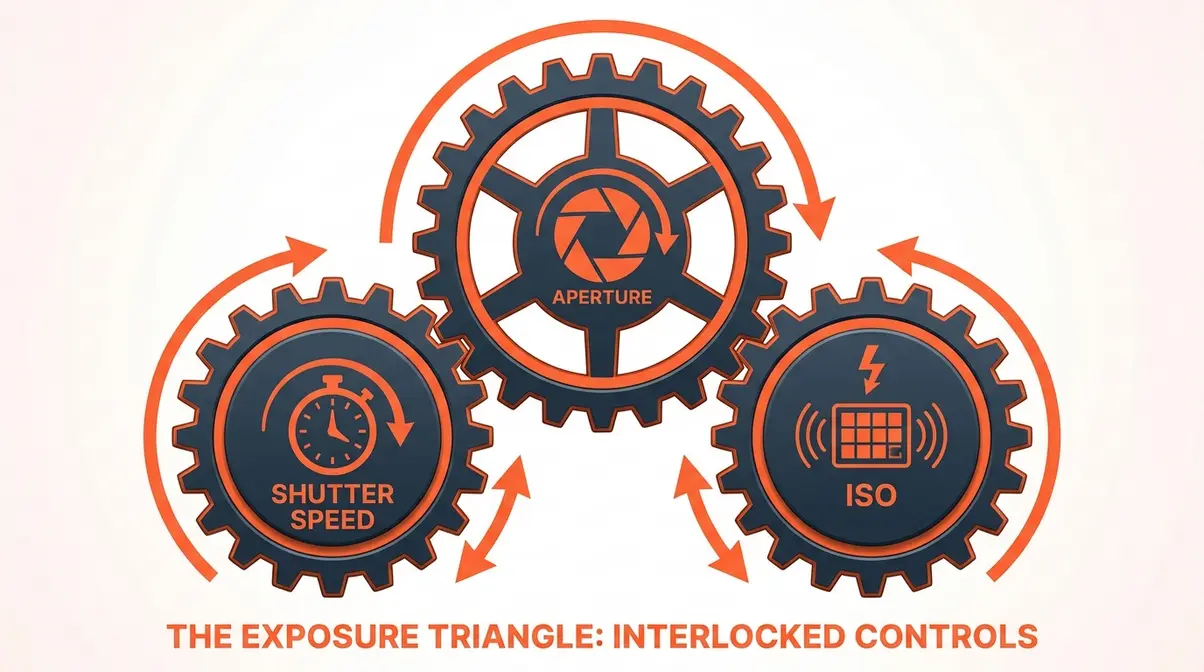 Exposure triangle diagram showing aperture shutter speed and ISO as interlocked gears