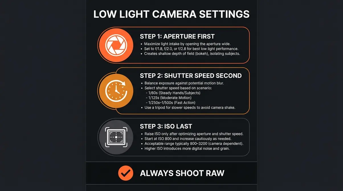 Low light camera settings checklist infographic showing aperture shutter speed and ISO order
