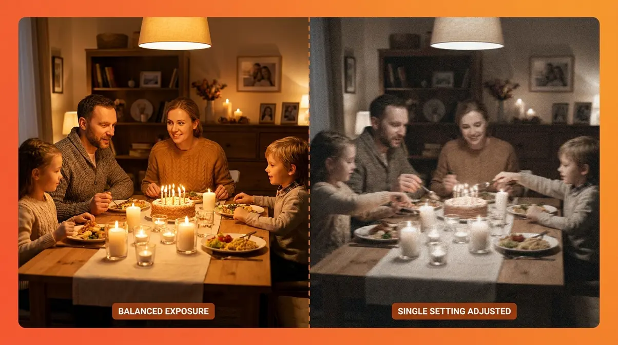 Low light photography comparison showing correct versus incorrect exposure settings side by side