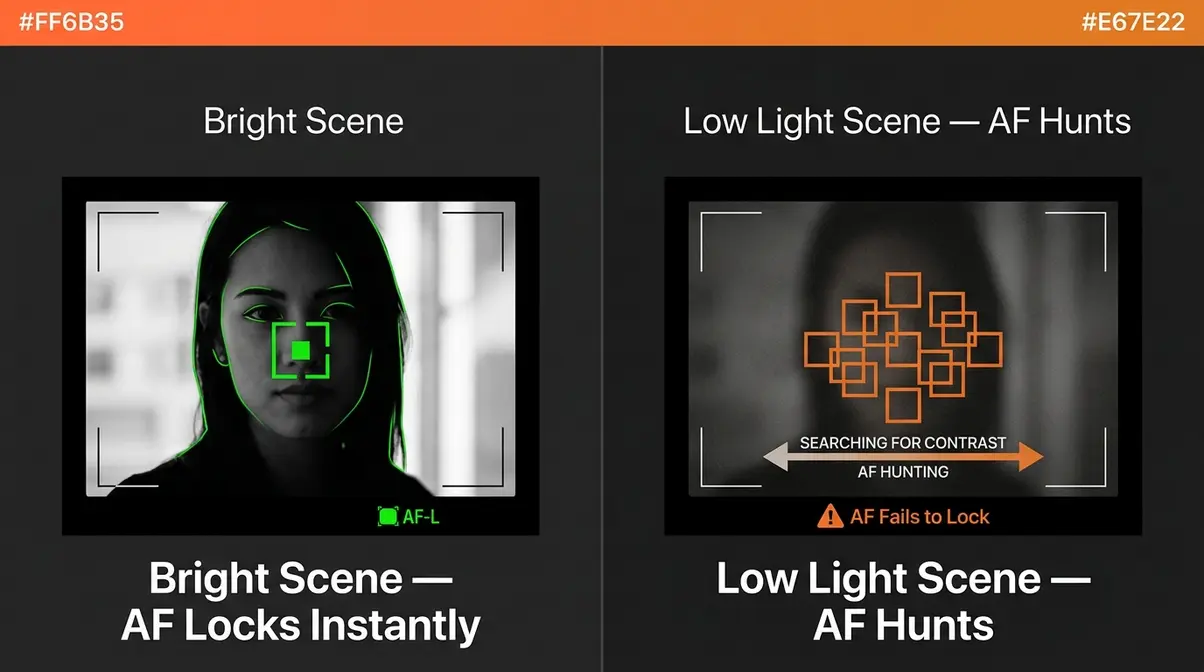 Diagram comparing autofocus performance in bright versus low light photography showing AF hunting failure in dim conditions