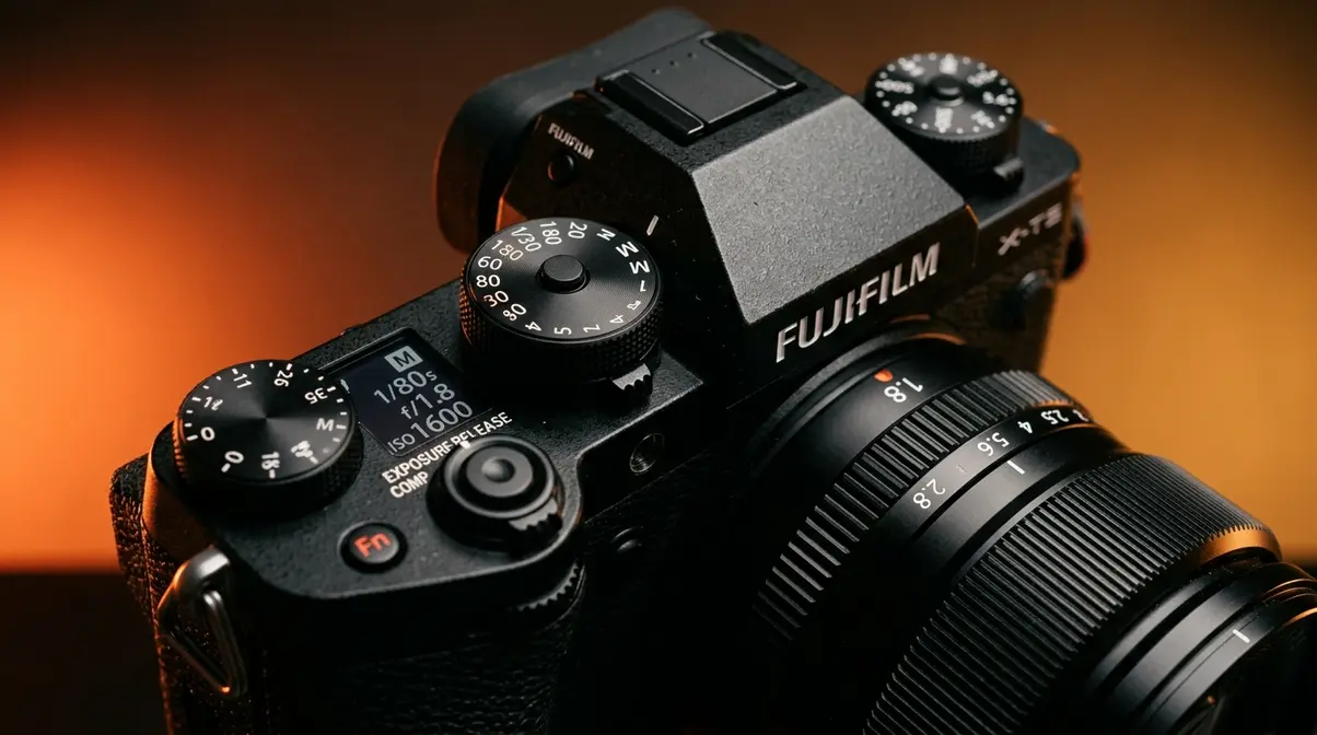 Camera top panel showing manual mode settings for low light photography with aperture f/1.8, shutter 1/80s, and ISO 1600