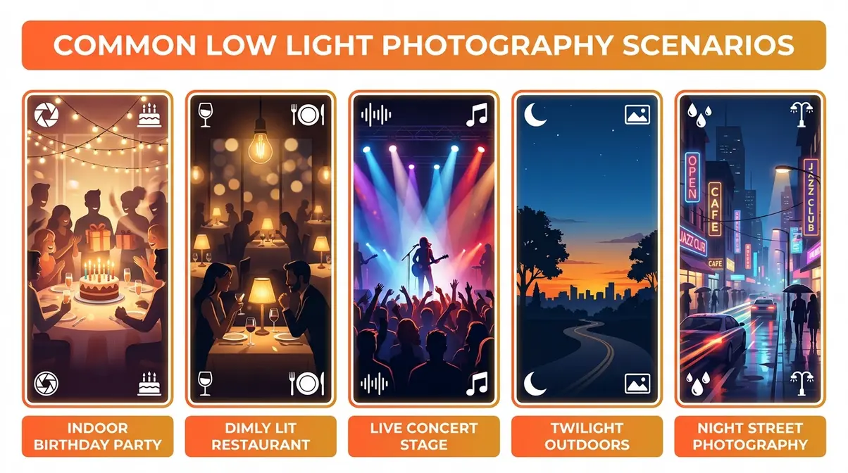 Infographic showing five common low light photography scenarios: indoor party, restaurant, concert, twilight, and night street