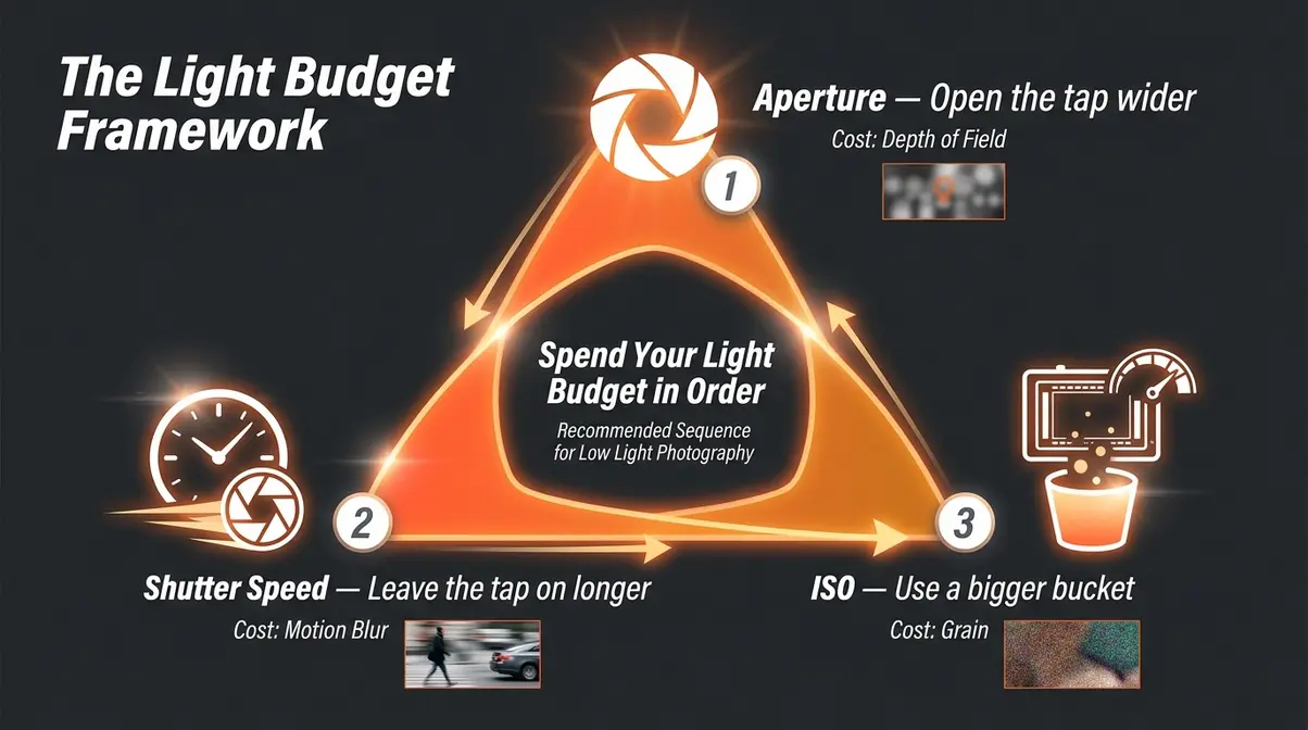 Exposure triangle infographic for low light photography showing aperture, shutter speed, and ISO as the Light Budget Framework