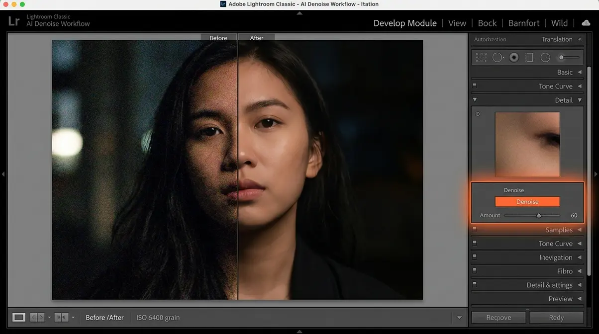 Adobe Lightroom AI Denoise panel showing workflow for reducing noise in low light photography RAW files at ISO 6400
