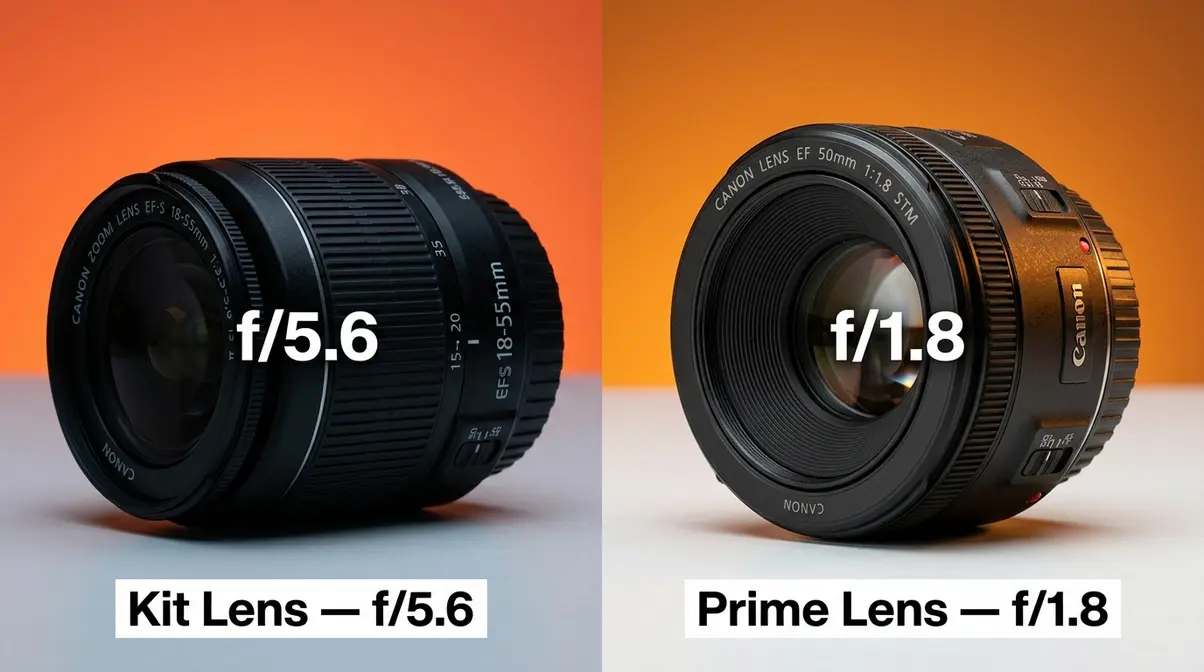 Comparison of kit lens at f/5.6 versus 50mm prime lens at f/1.8 for low light photography showing aperture difference