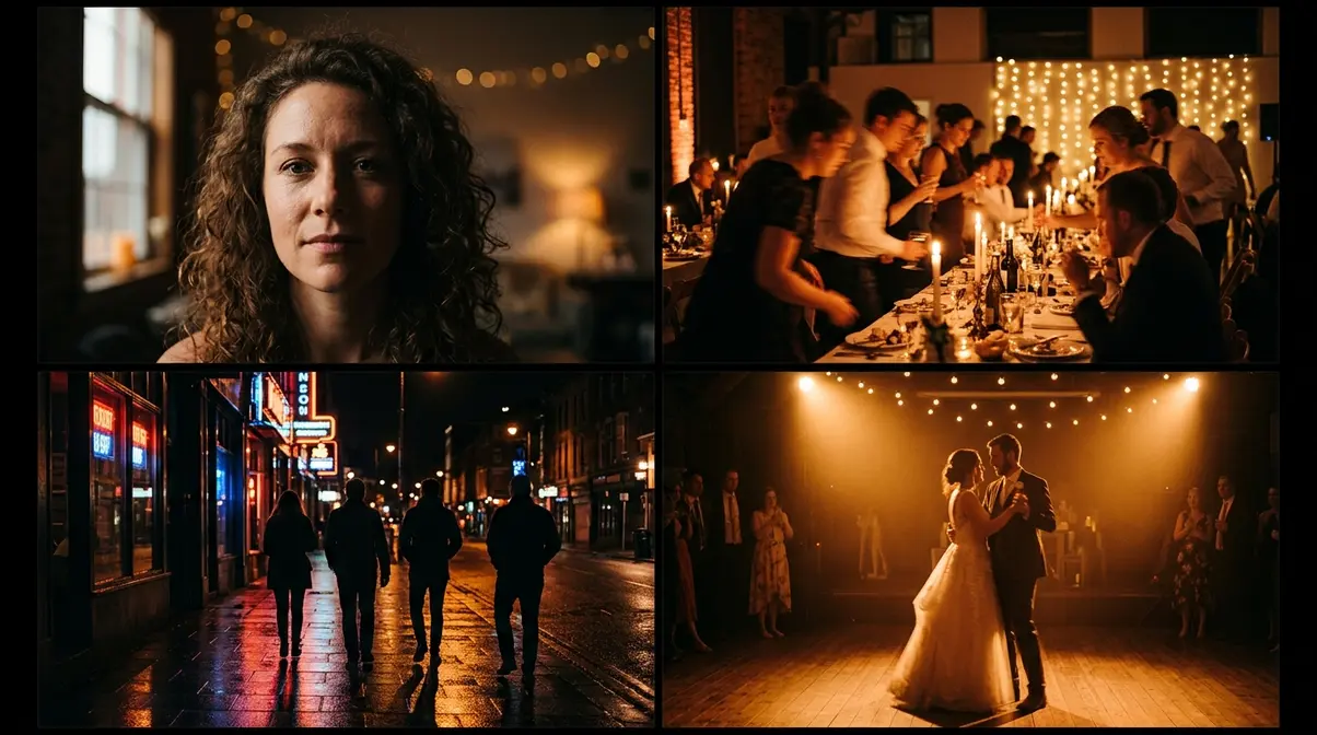 Four creative low light photography scenarios: Rembrandt portrait, indoor event, night street, and wedding first dance