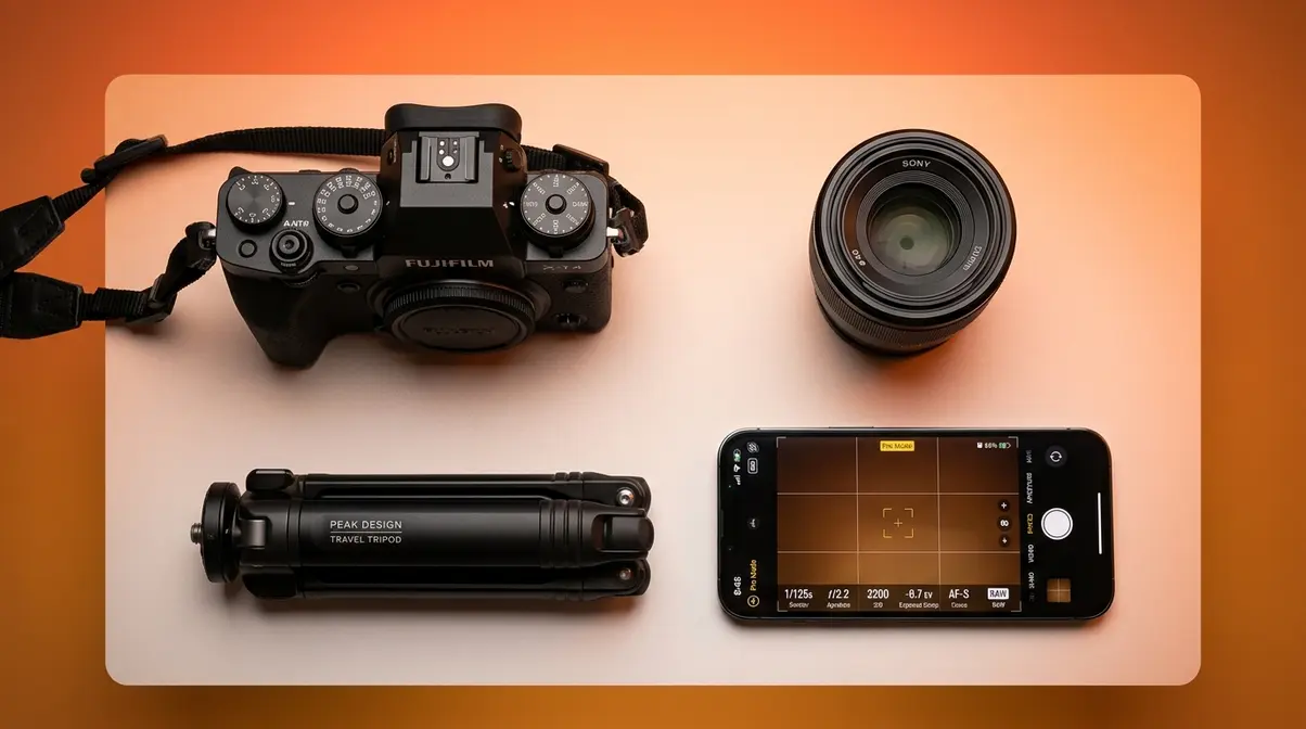 Essential low light photography gear including camera, 50mm prime lens, tripod, and smartphone with Pro mode