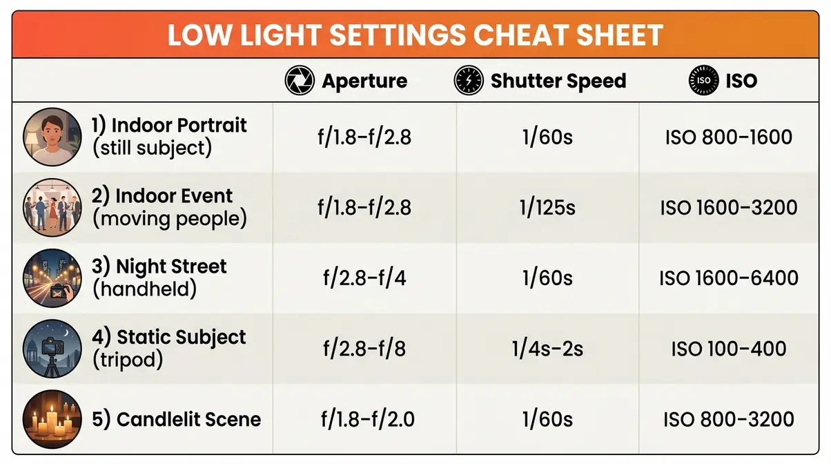 Low light photography settings cheat sheet showing aperture, shutter speed, and ISO for five common scenarios