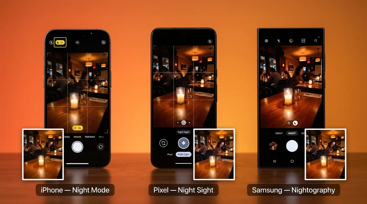 Three smartphones showing Night Mode interfaces for low light photography: iPhone Night Mode, Google Pixel Night Sight, Samsung Nightography