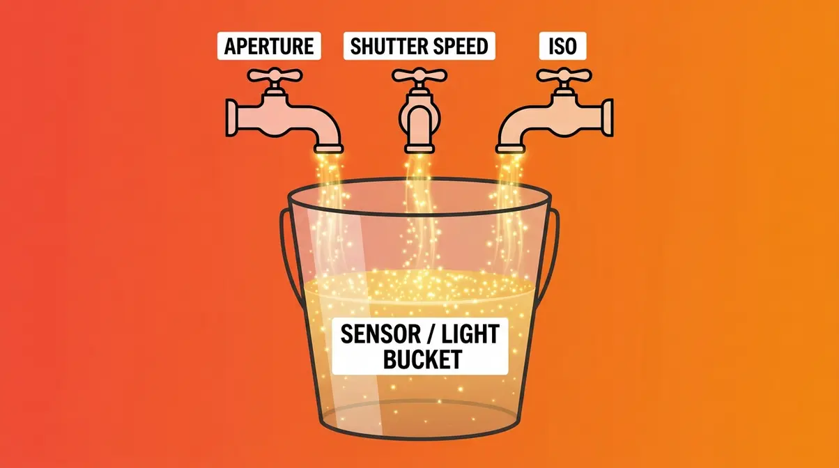 Illustration of the light bucket metaphor for low light photography showing aperture, shutter speed, and ISO as three light sources