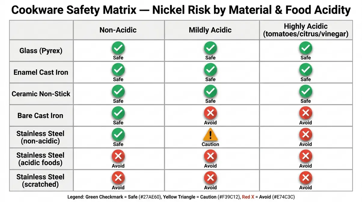 Cookware safety matrix chart for low nickel diet showing risk levels by material and food acidity