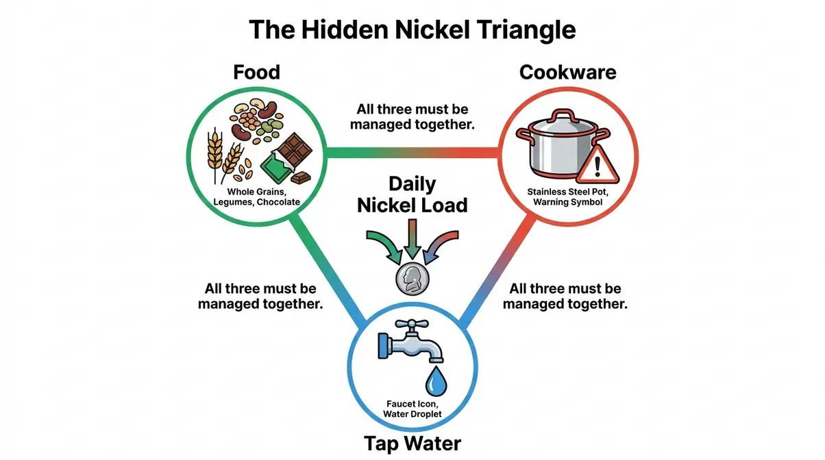 Diagram showing low nickel diet exposure sources food cookware and tap water as three triangle nodes