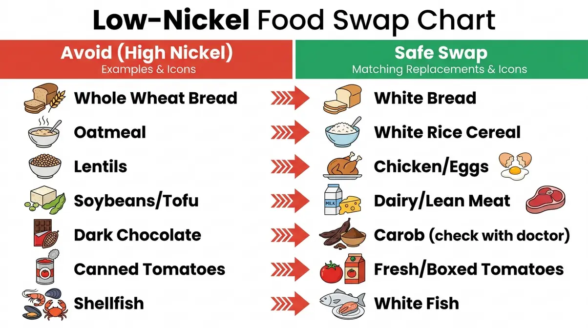 Low nickel diet food swap chart showing safe replacements for whole grains legumes and chocolate
