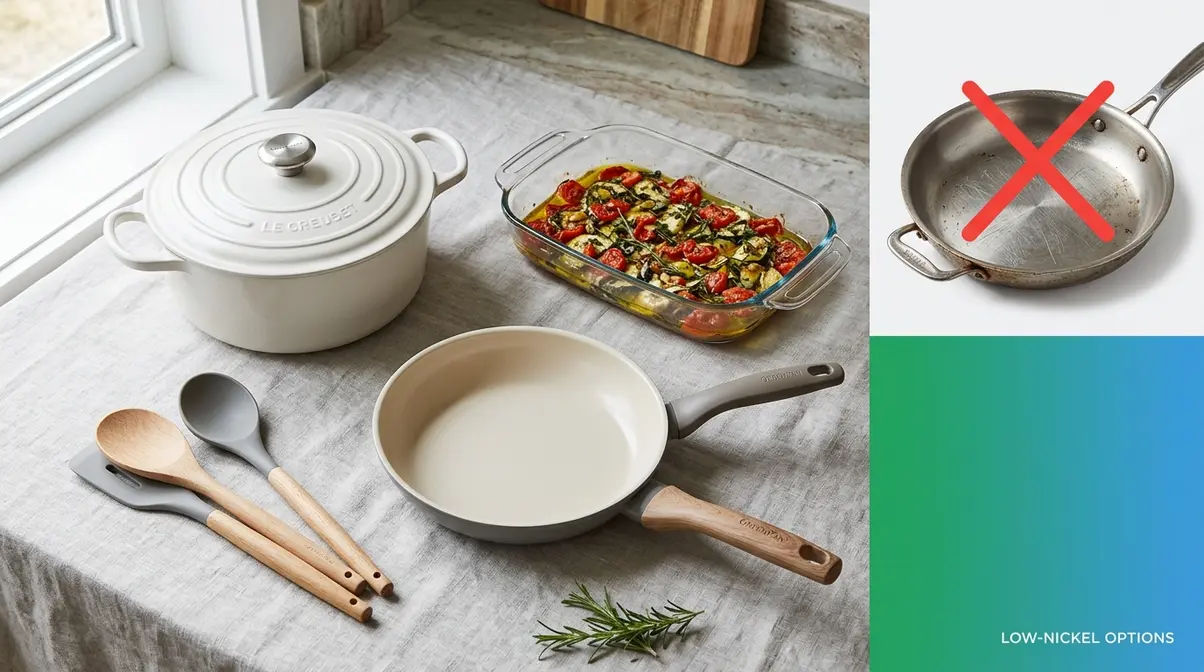 Safe low-nickel cookware including enamel cast iron, glass Pyrex, and ceramic non-stick pans