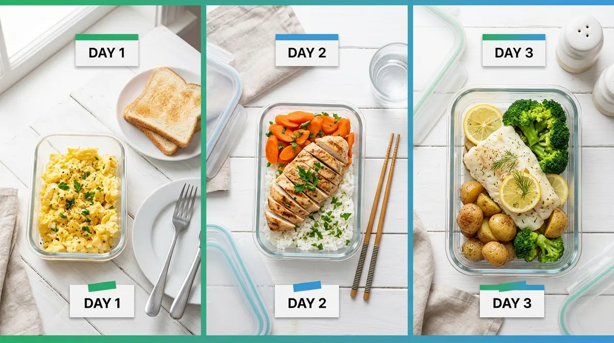 Three-day low nickel diet meal plan showing eggs, chicken rice bowl, and baked cod with potatoes