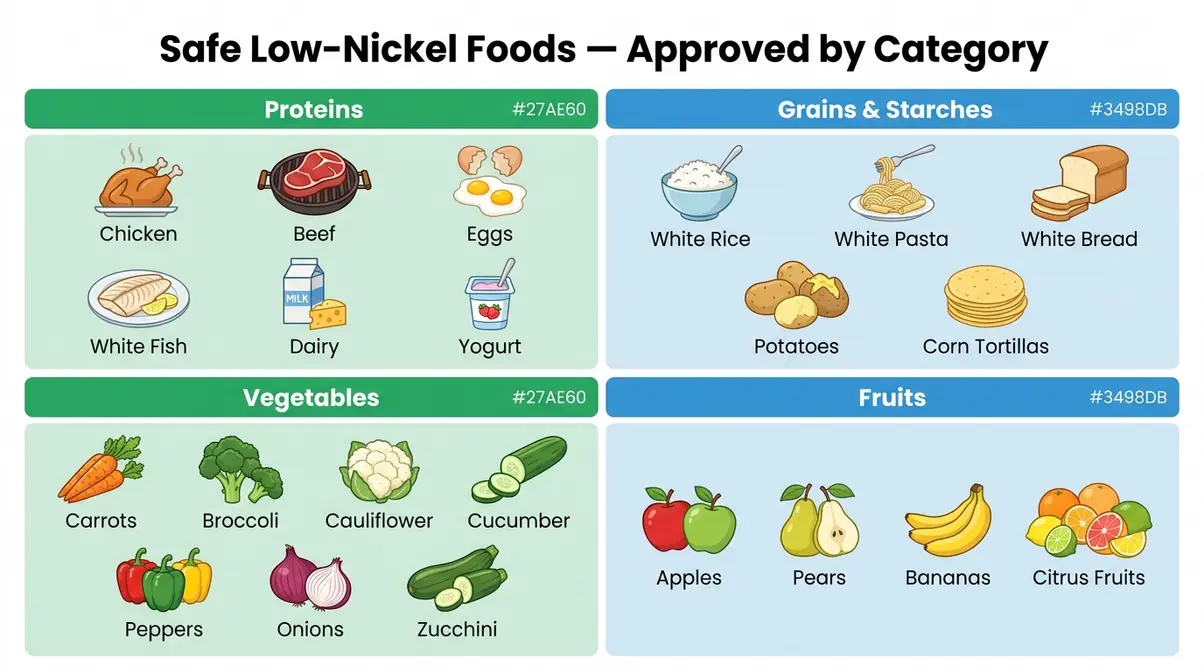Approved safe foods list for low nickel diet showing proteins vegetables grains and fruit by category