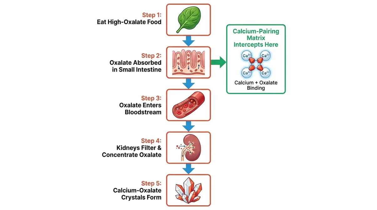 Low Oxalate Meals For Kidney Health: 25 Expert Picks 3 Flowchart showing five steps of calcium-oxalate kidney stone formation with calcium-pairing intervention point highlighted