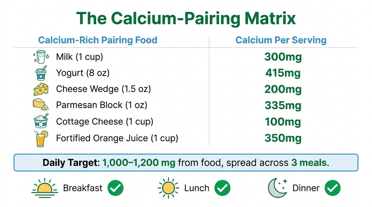 Low Oxalate Meals For Kidney Health: 25 Expert Picks 9 Calcium-Pairing Matrix infographic listing calcium-rich foods and their mg content for low oxalate kidney health meals